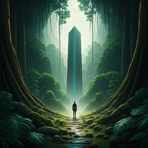 Cinematic jungle landscape with futuristic obelisk in background